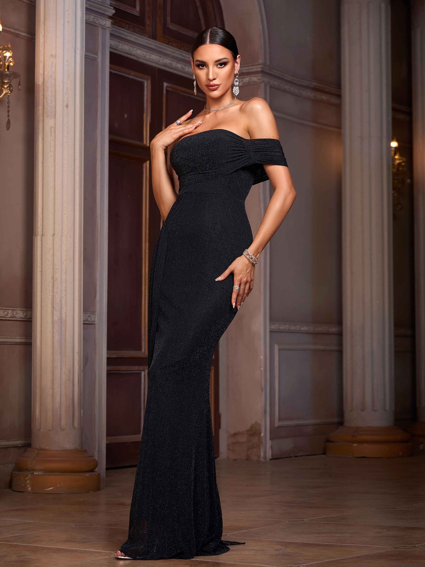 Stylish black dress | Black Off Shoulder Draped Stretchy Prom Dress - Ideal for special occasions