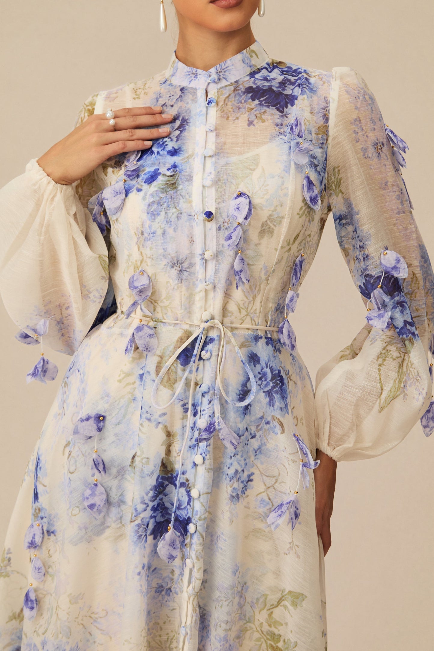angela Blue Floral Print puff sleeve Maxi Dress