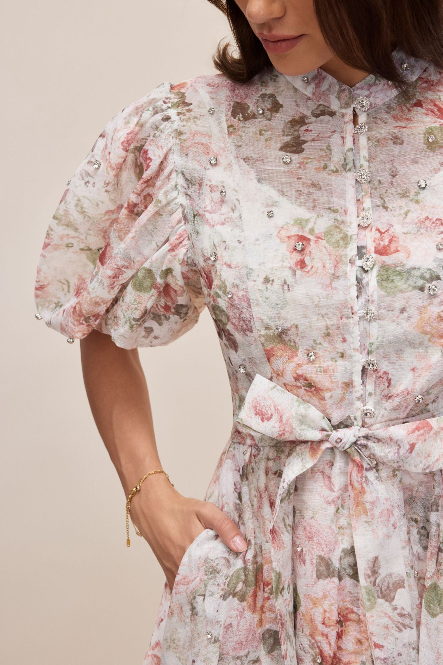 antonia multicolor Floral Print Puff Sleeve Midi Dress