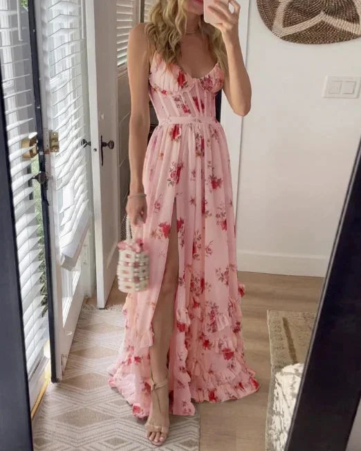 sabina floral printed high slit Strapless maxi dress