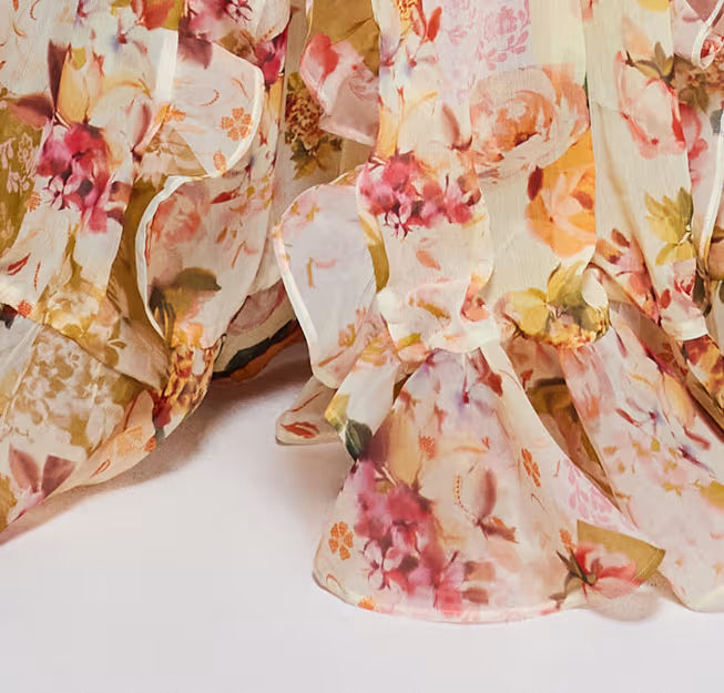 salome floral print backless ruffle hem maxi dress