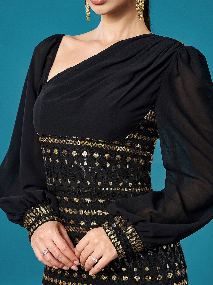 Shop black dress - Perfect for special occasions | Black Long Sleeve Cutout Sheath Sequin Dress