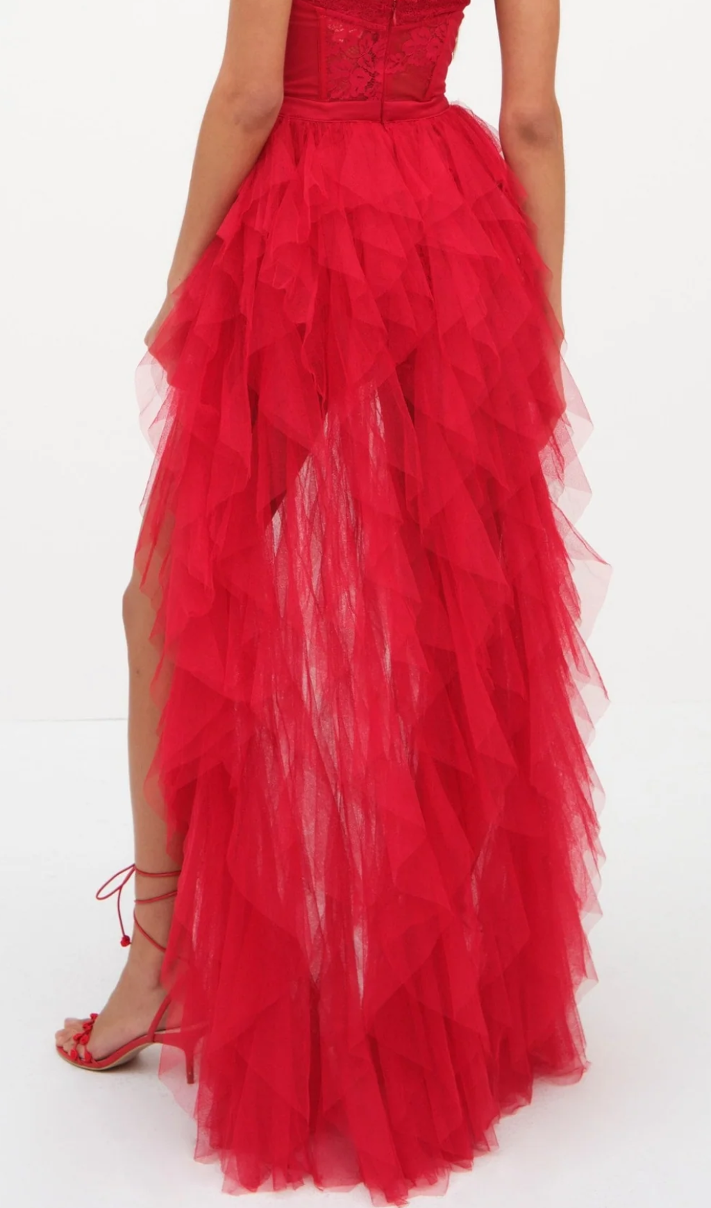 virginia RED STRAPLESS LACE PATCHWORK MESH MAXI DRESS