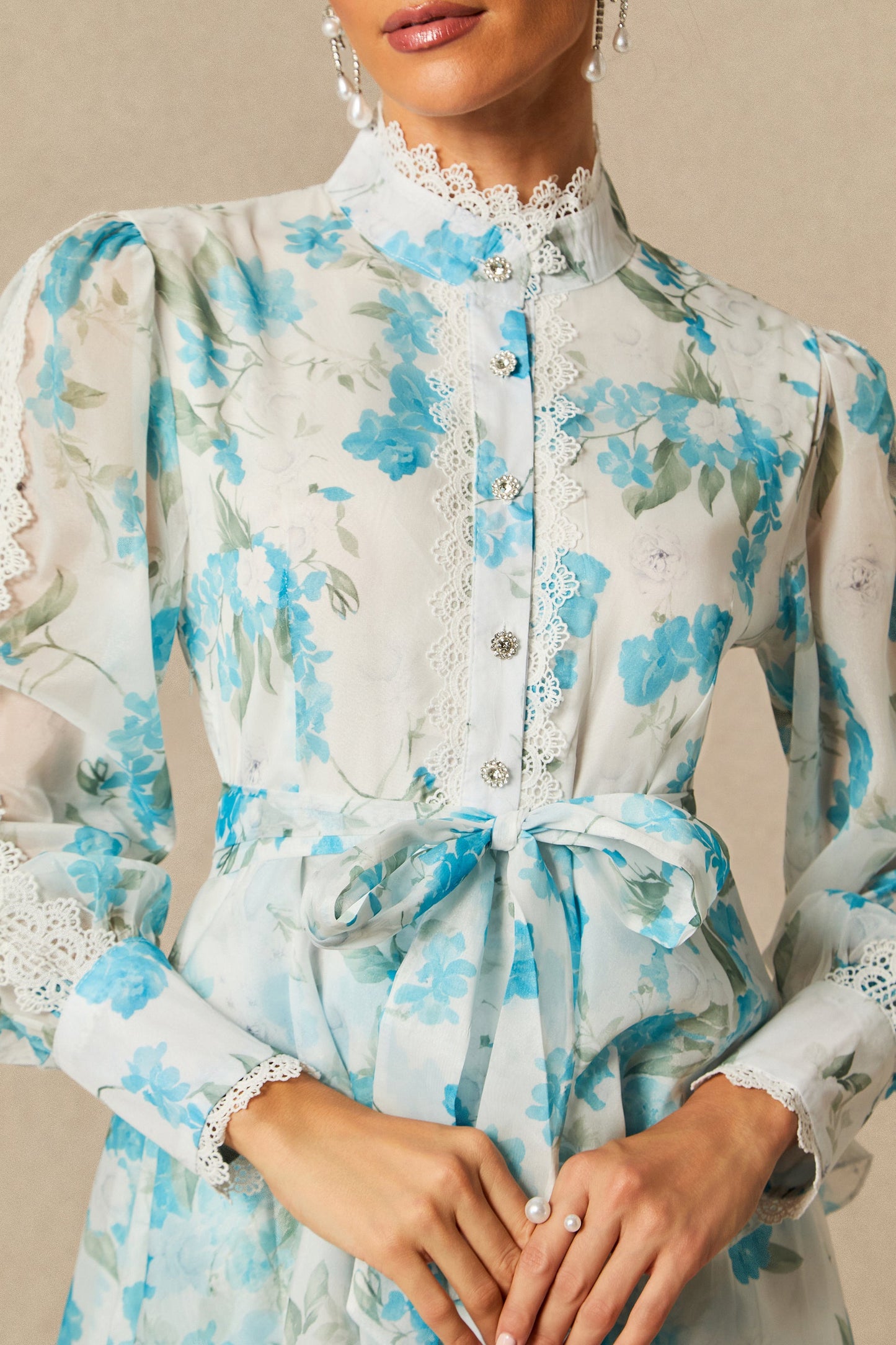 ashley blue Chiffon lace trim stand-collar dress with layered ruffles