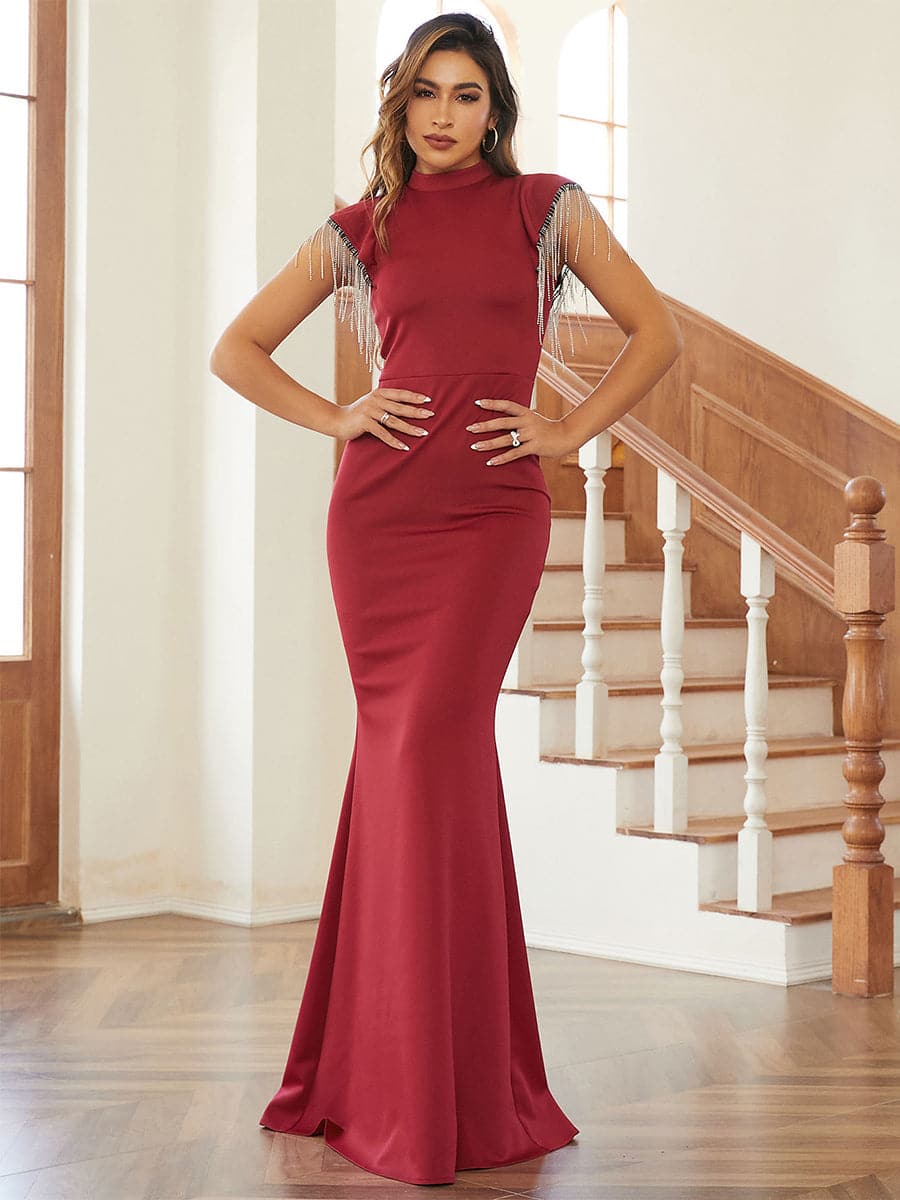 Stand Collar Fringed Mermaid Pleated Evening Dress - Stylish beautiful dress for special occasions | Buy Online