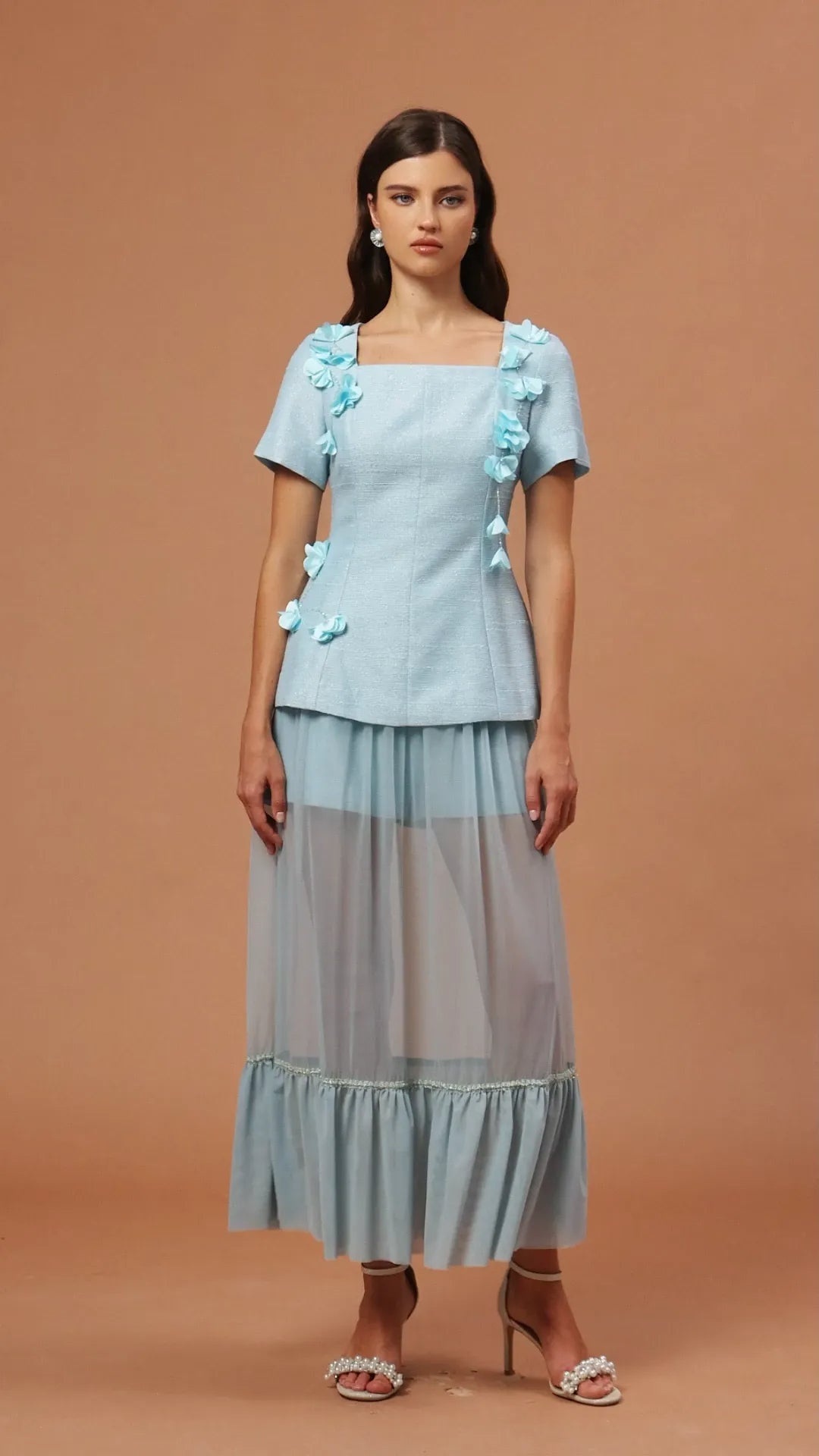 Tiffany blue Short Sleeves Flowers Folds Top And Skirt Two-Piece Set