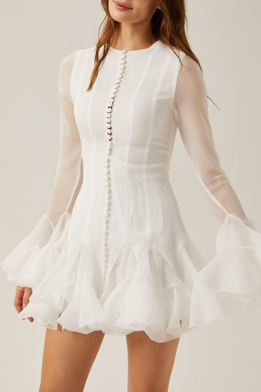 Shop white dress - Perfect for special occasions | Alberta Semi-sheer Ruffle Mini Dress - White