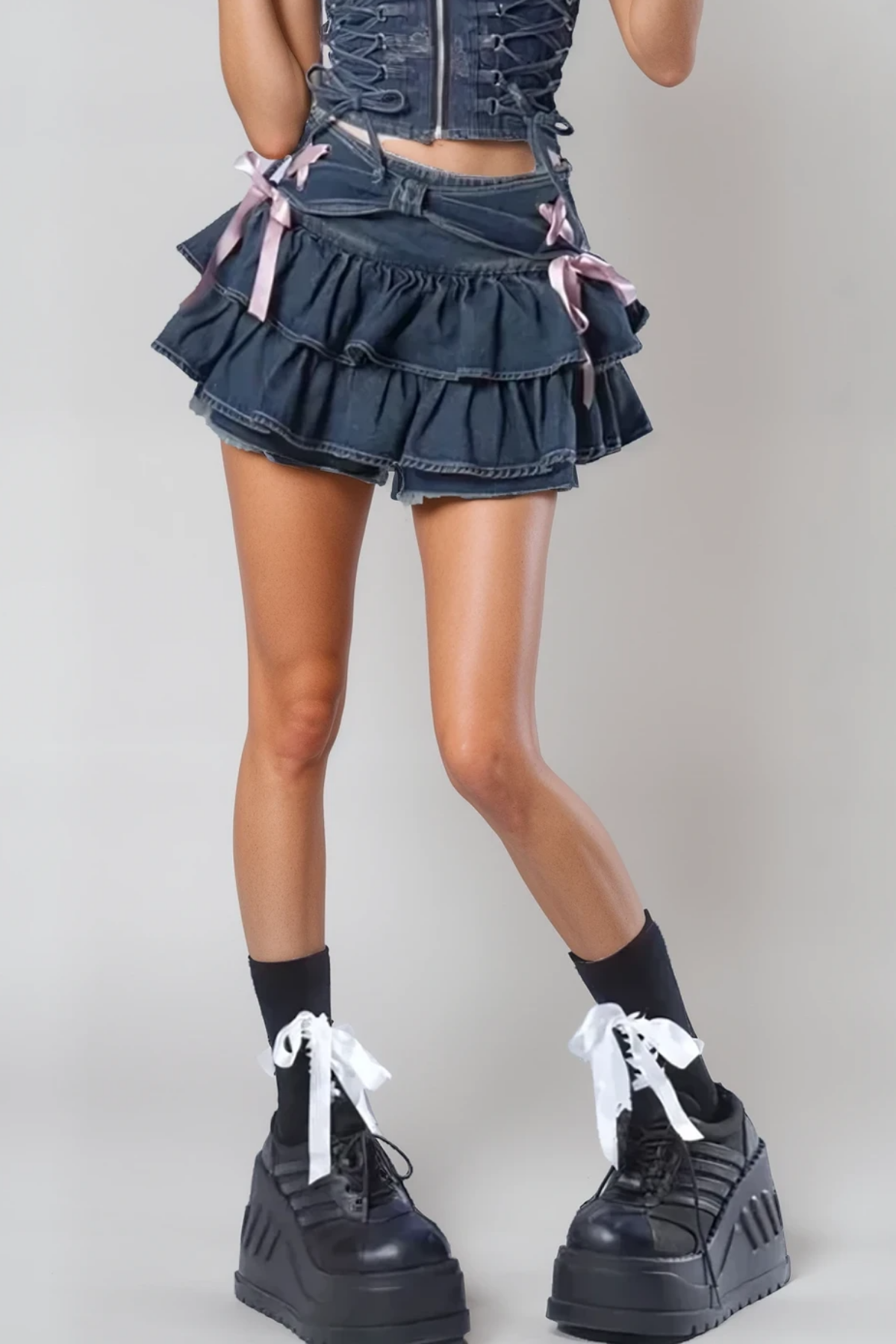 Shop beautiful dress - Perfect for special occasions | Angelia Ruffle Bow Ruch Denim Skirt
