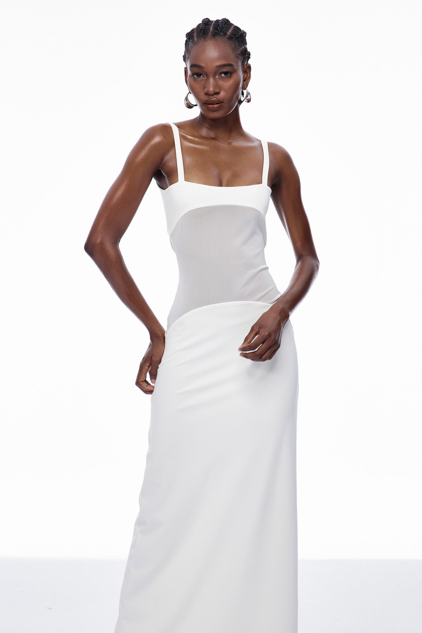Stylish white dress | Aram Mesh Spaghetti Sleeveless Maxi Dress In White - Ideal for special occasions