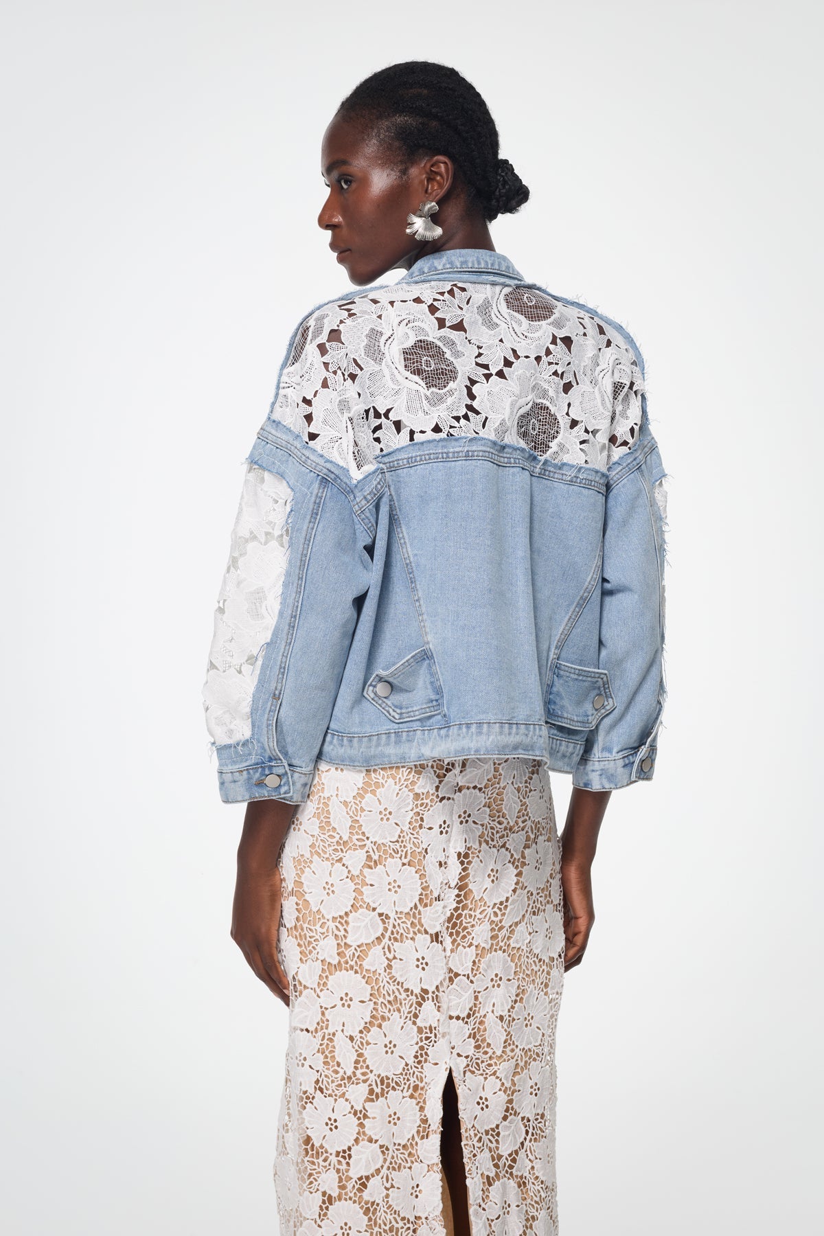 louise Lace Floarl Pearl Denim Jacket