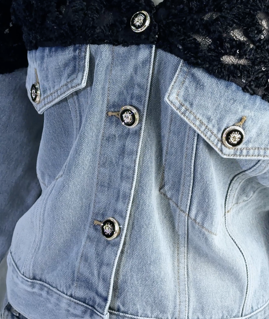 Bakhtiyar Embroidered Sequin Denim Jacket - Stylish red dress for special occasions | Buy Online