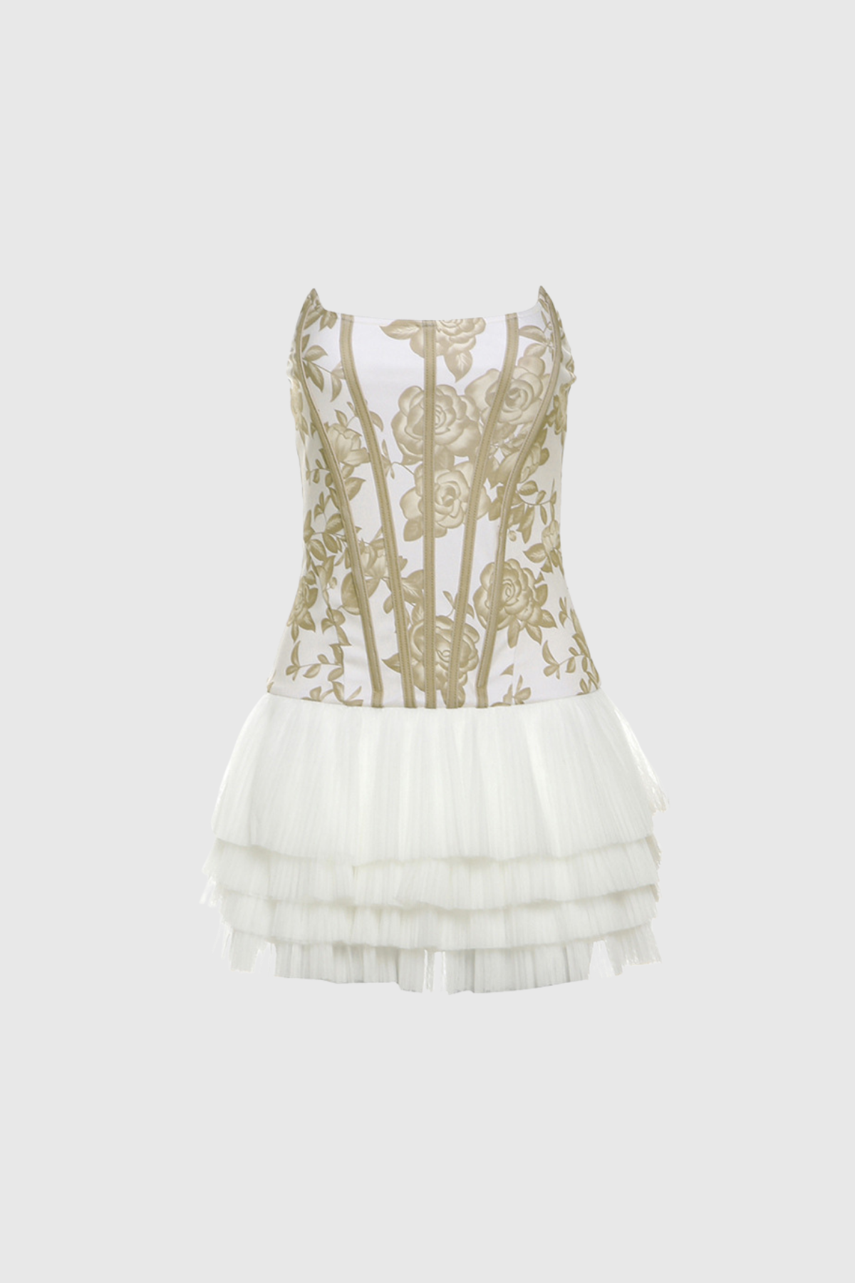 Beda Strapless Floral Mesh Ruch Mini Dress In Yellow - Stylish yellow dress for special occasions | Buy Online