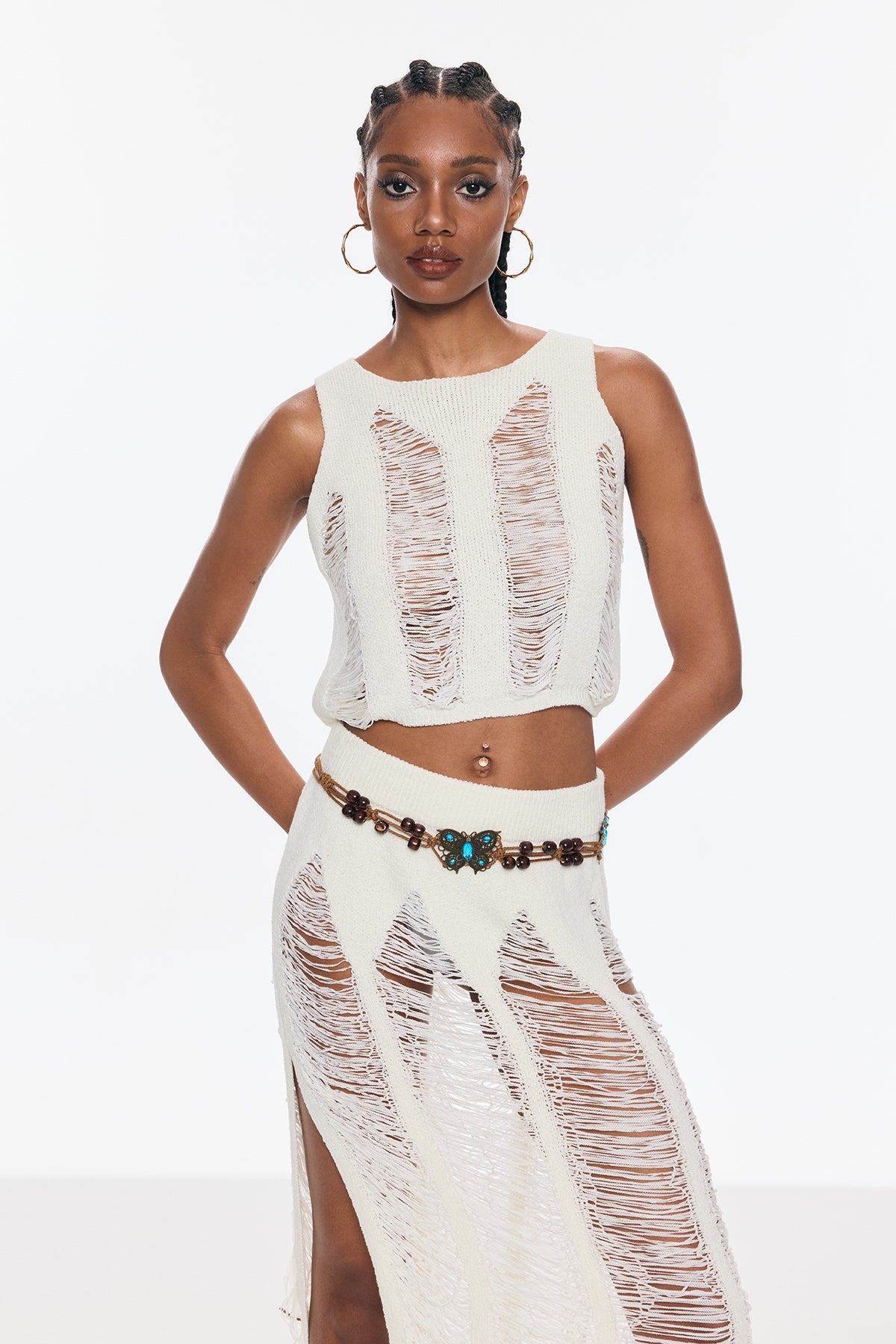 Bem Ripped Cutout Split Knit Skirt Set - Stylish beautiful dress for special occasions | Buy Online