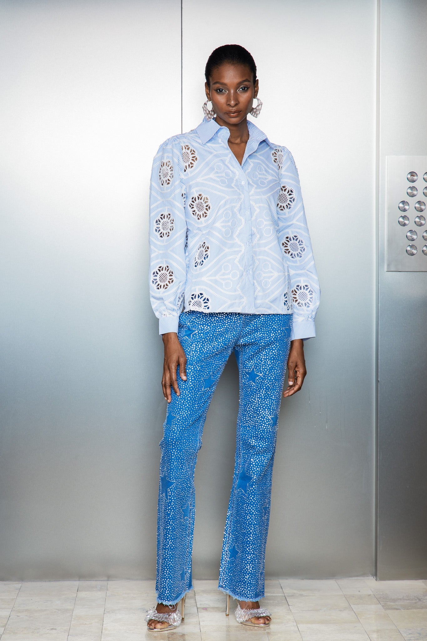 Shop red dress - Perfect for special occasions | Catell Cutout Stripe Embroidered Shirt