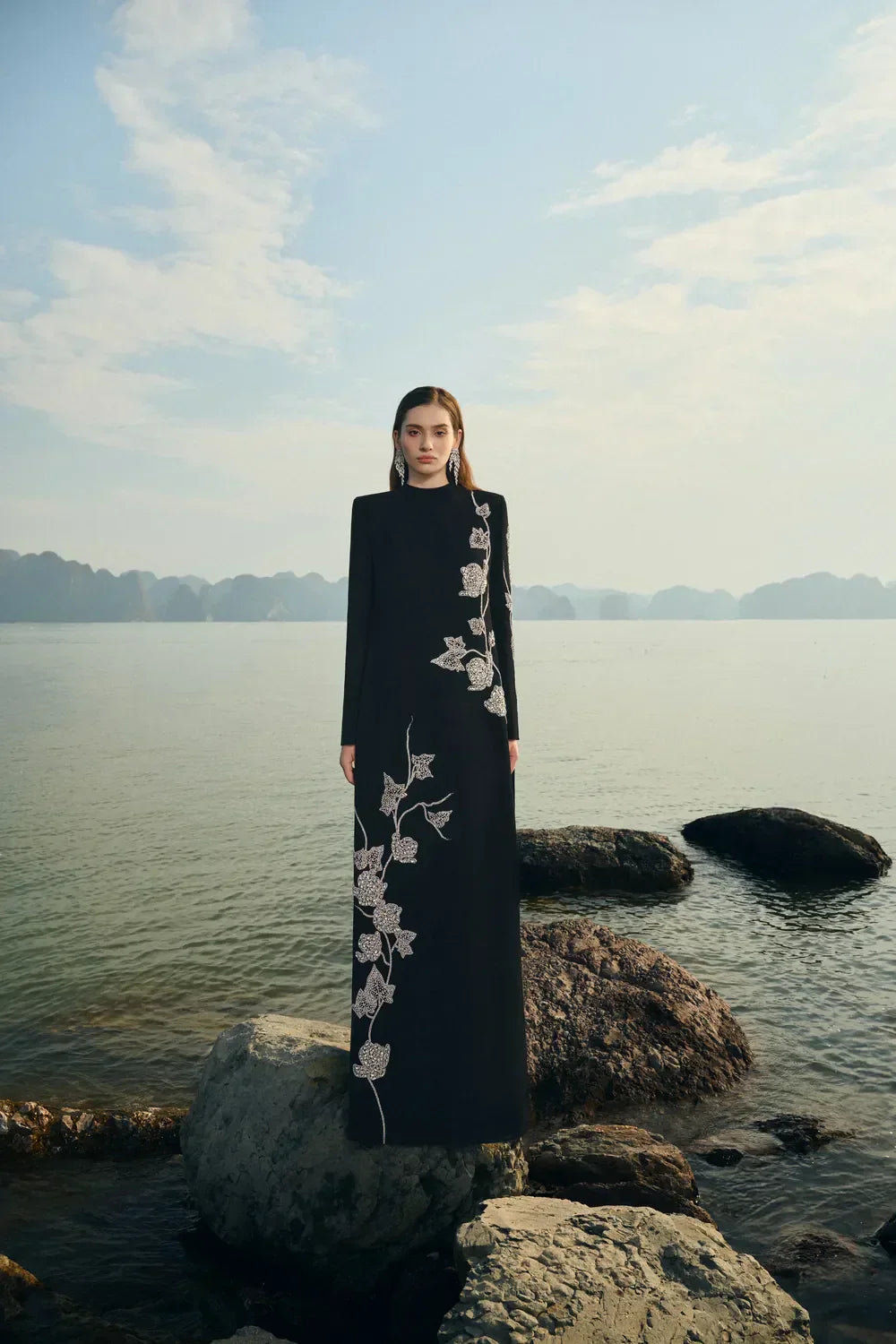 laurel black High Neck Asymmetric Crystal Embellished maxi Dress