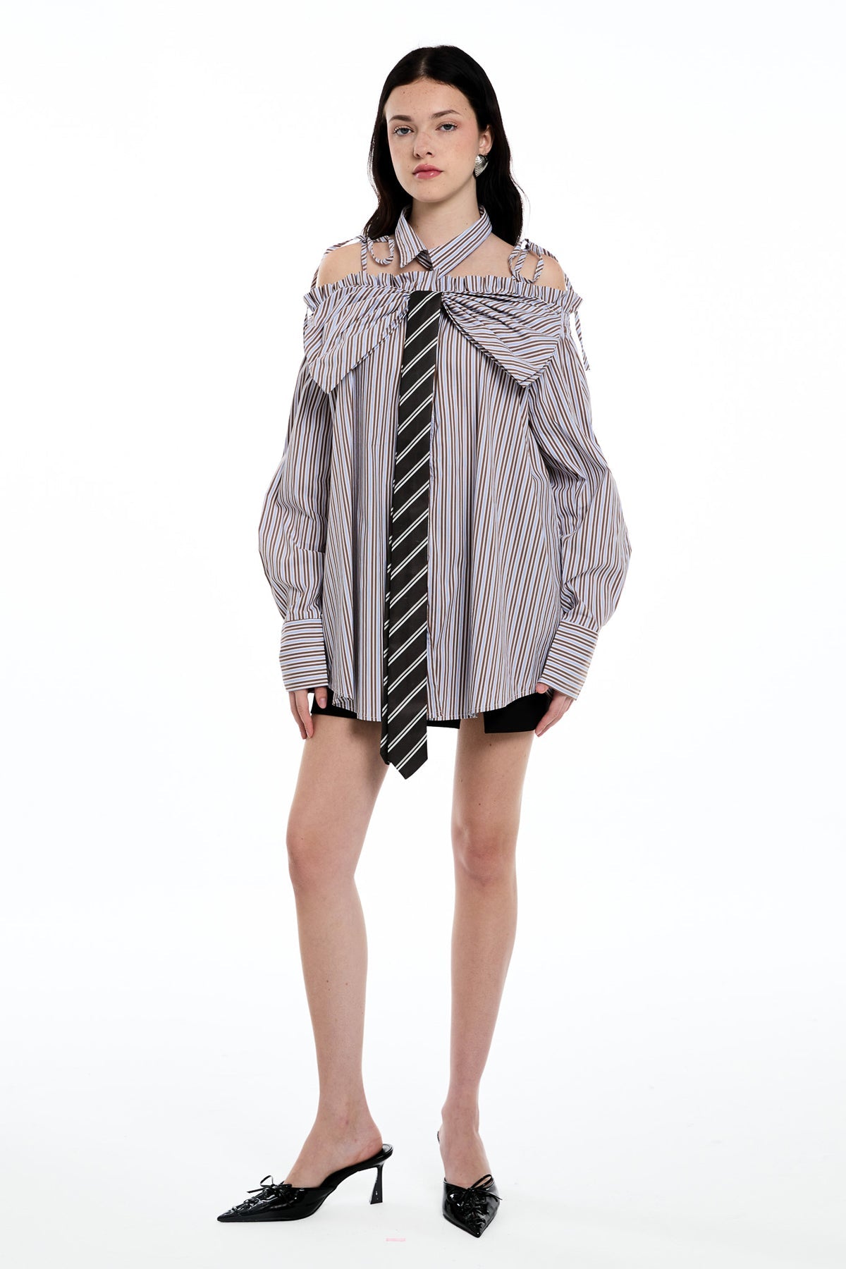 Stylish brown dress | Daquan Two Piece Bow Stripe Top In Brown - Ideal for special occasions