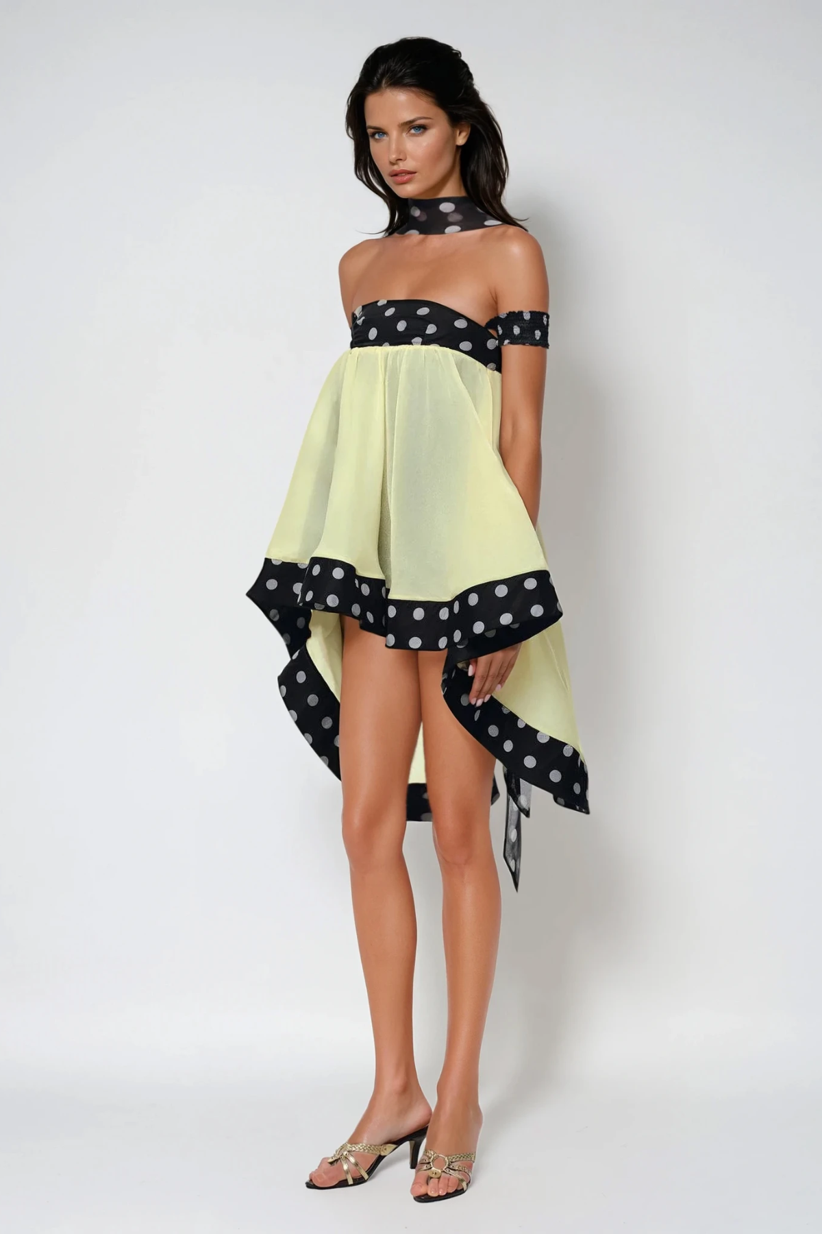 Dewey Off Shoulder Dot Asymmetric Mini Dress