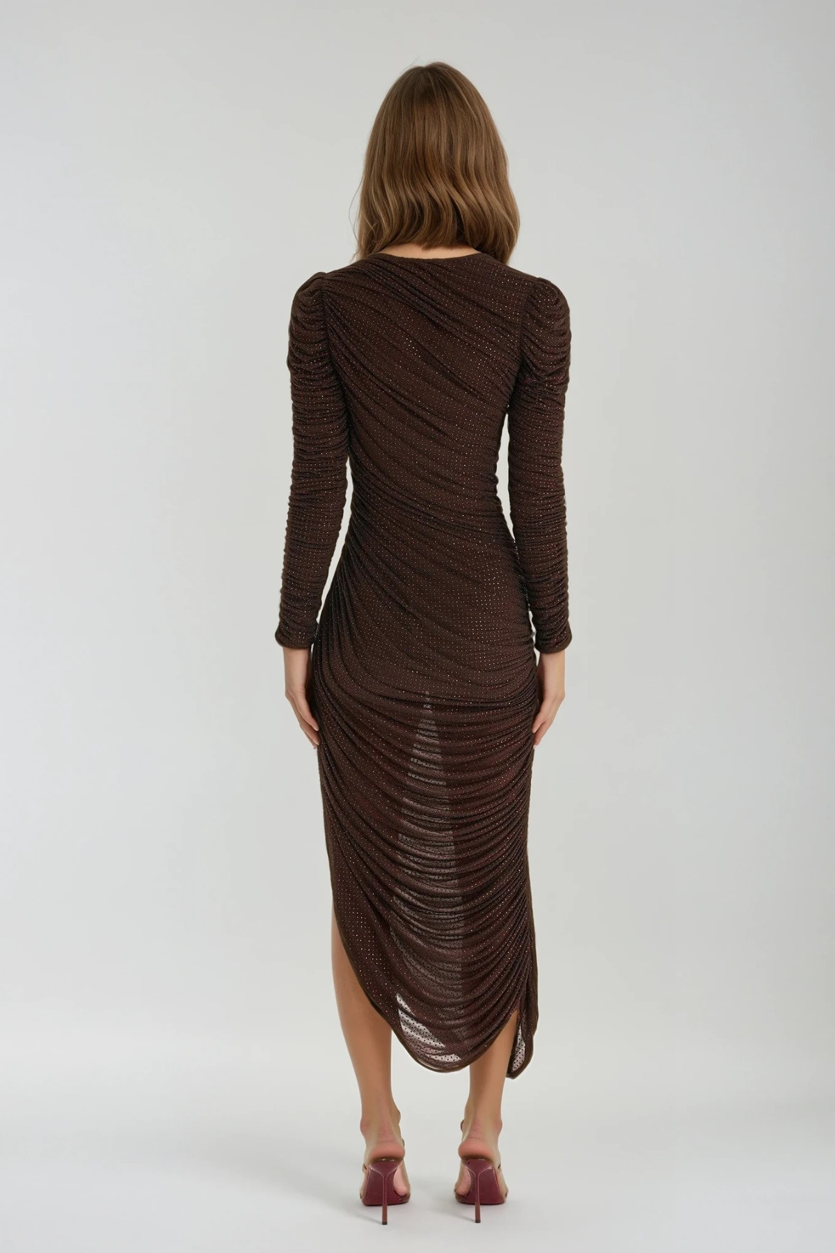 caroline Asymmetric Rhinestone Drawstring Maxi Dress