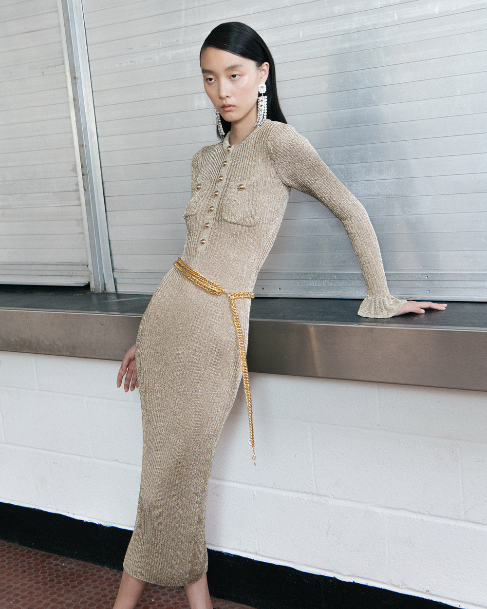 Shop beautiful dress - Perfect for special occasions | lauren Gold Lurex Ribbed Knit Midi Dress