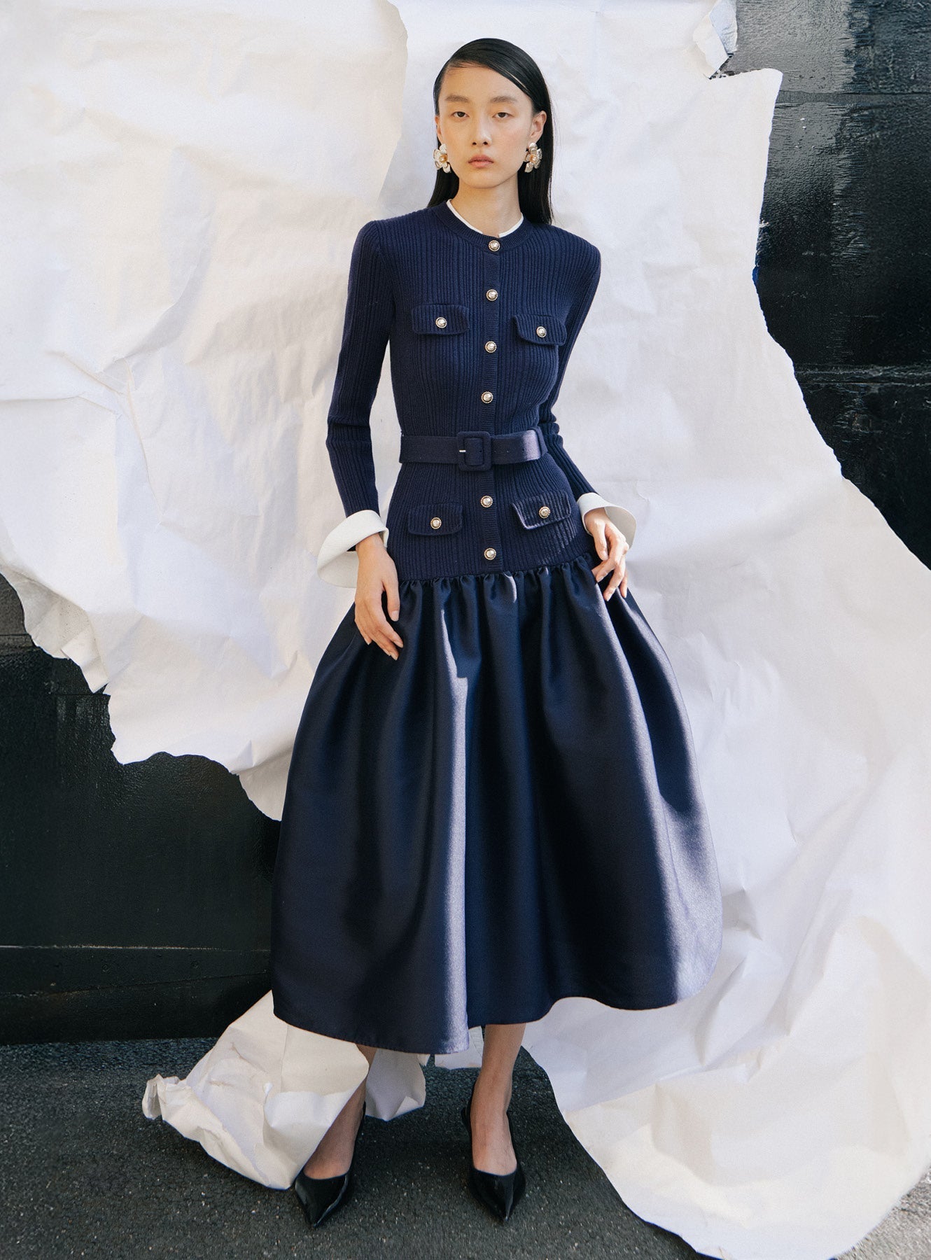 Shop beautiful dress - Perfect for special occasions | Natalie Navy Knit Taffeta Midi Dress