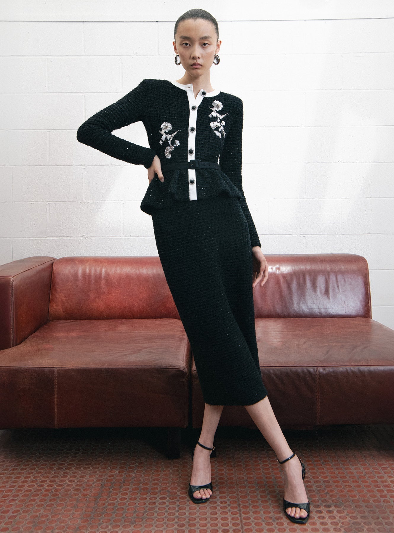 Roxanne Black Floral Textured Knit Midi Dress - Stylish red dress for special occasions | Buy Online