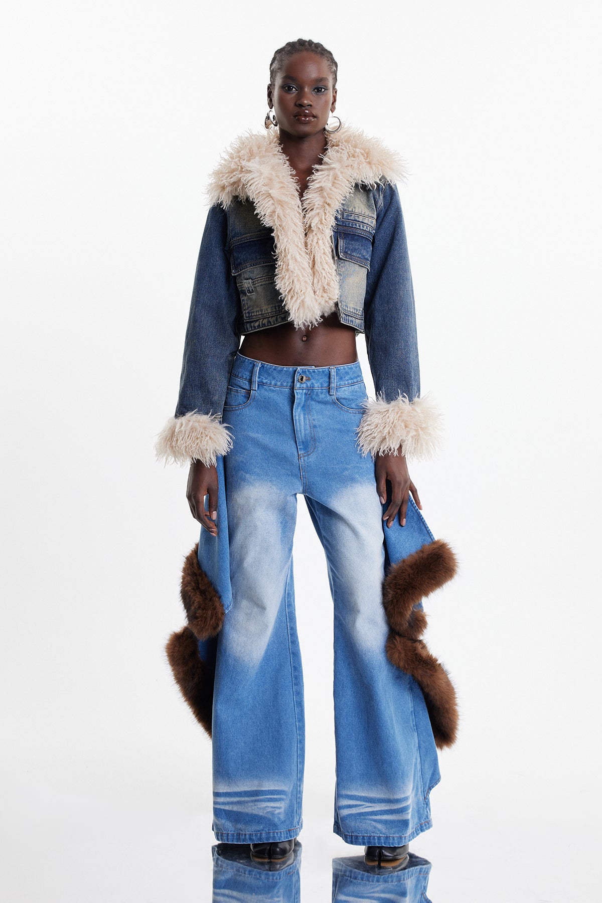 martha Deconstruct Faux Fur Wide Leg Jeans