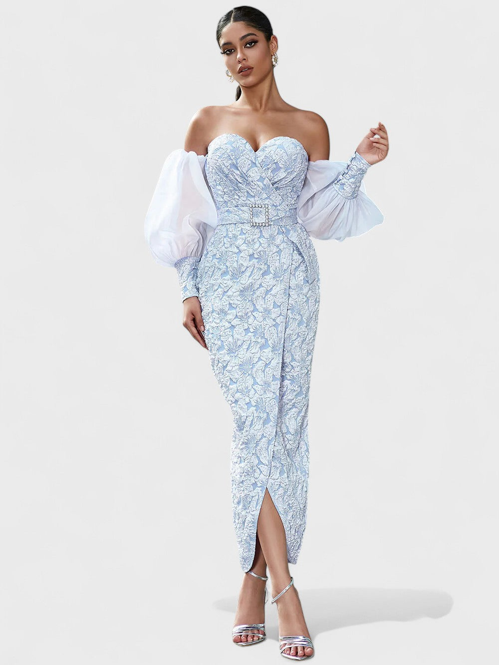 lindsay Off-Shoulder Embroidered Midi Dress – Icy Blue
