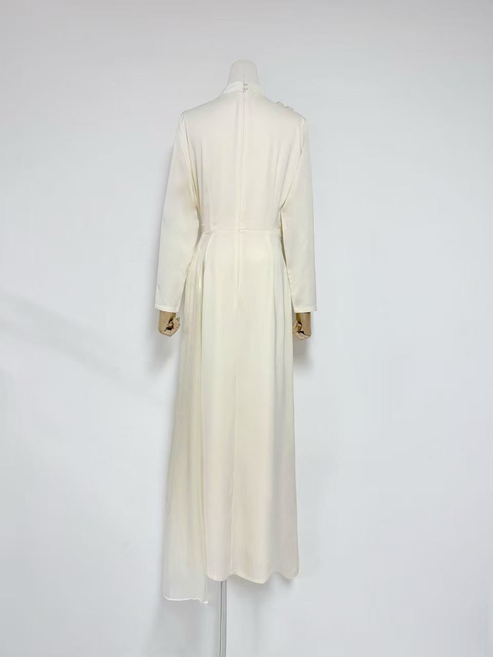 Haley crystal flower Long-sleeve lace pleated maxi dress in apricot