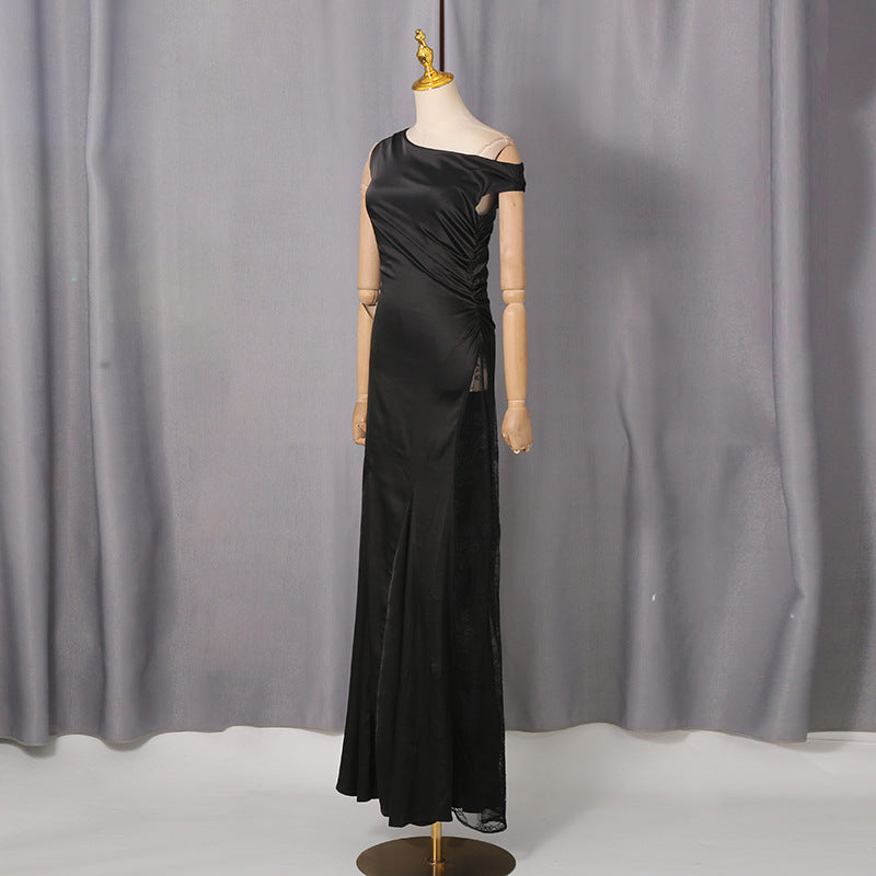 sherry black One Shoulde Lace Satin Maxi Dress