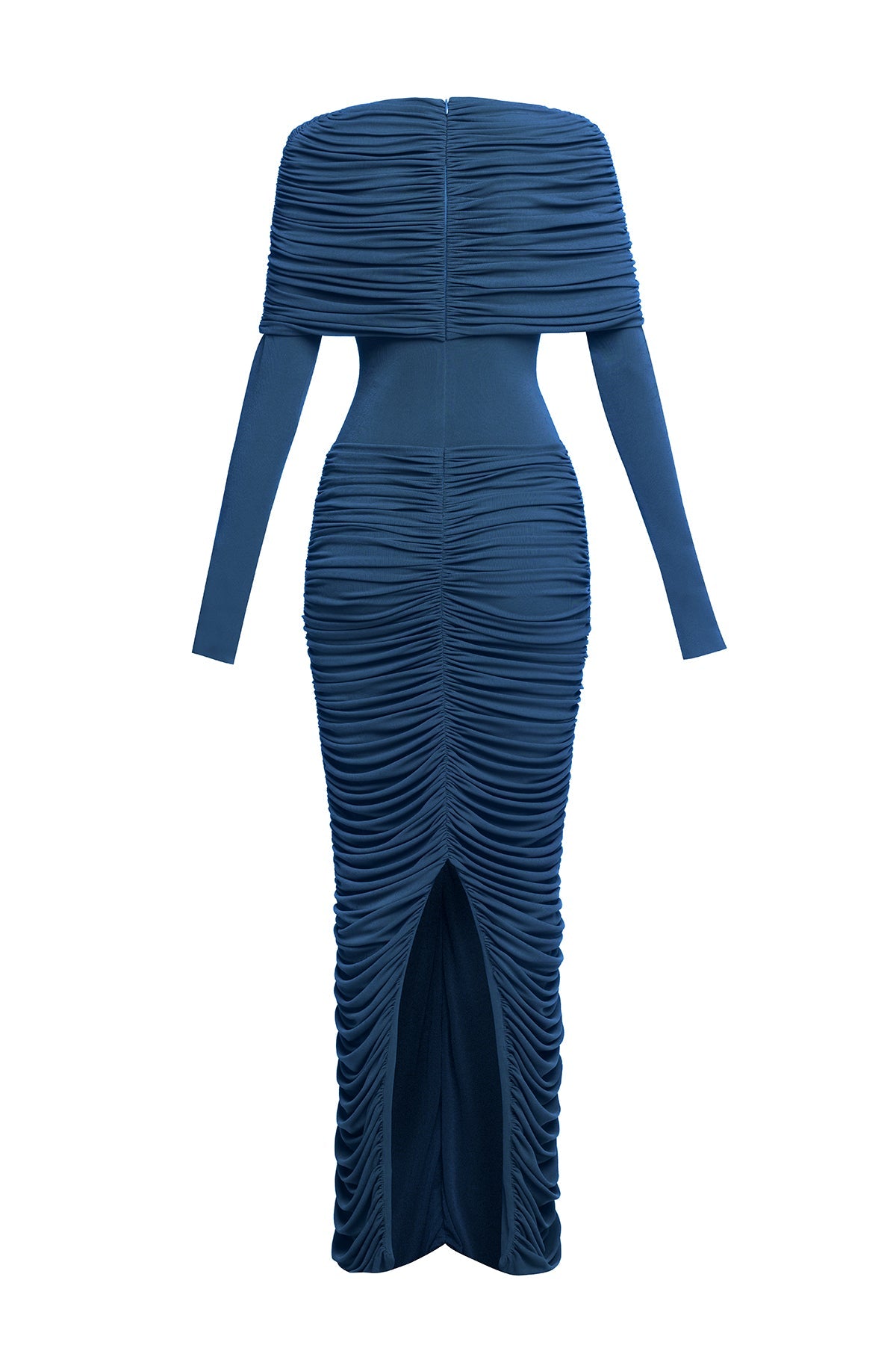 irma navy pleated Form-fitting maxi dress with asymmetrical draped shoulder