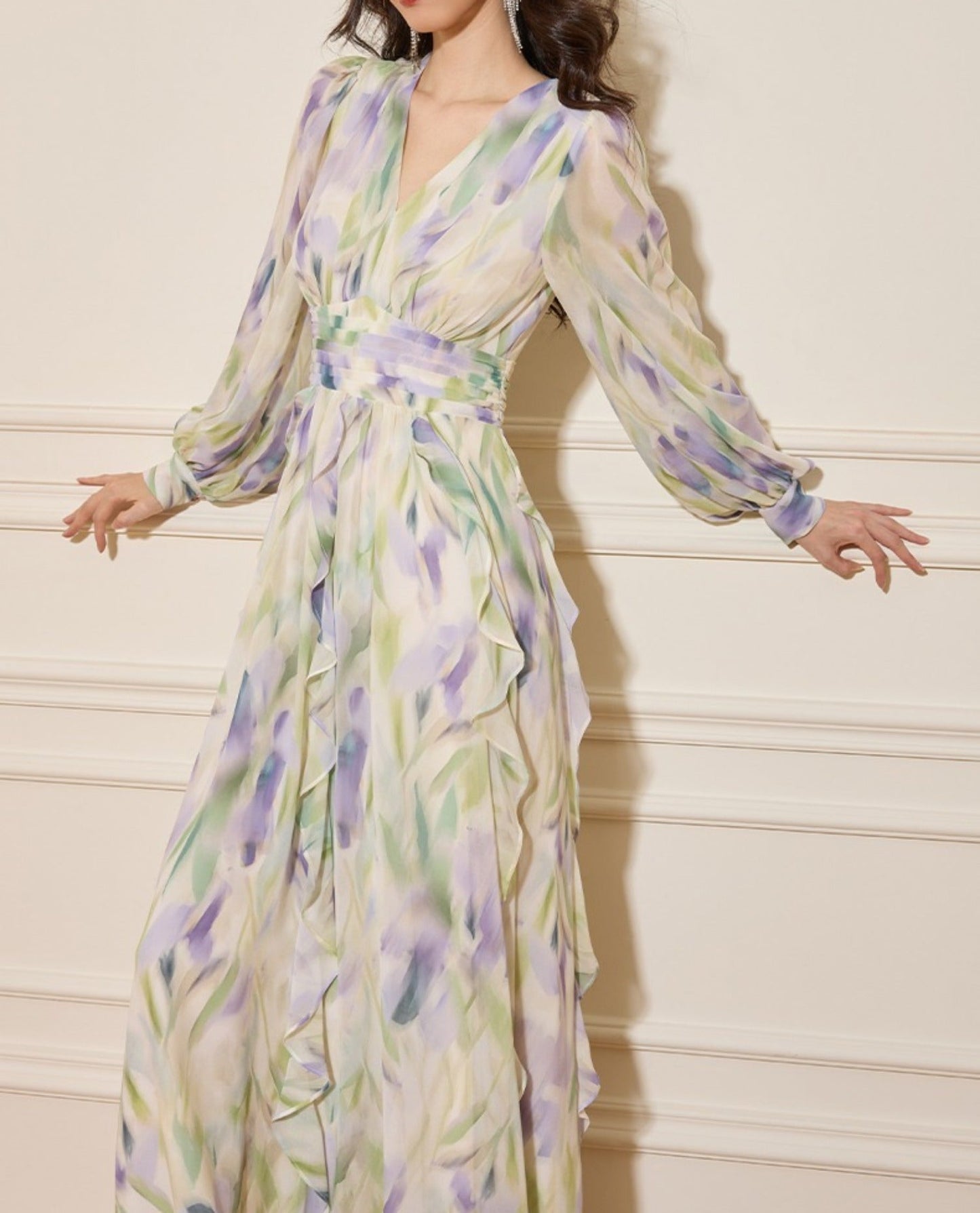 adela multicolor v-neck floral print lantern sleeve maxi dress