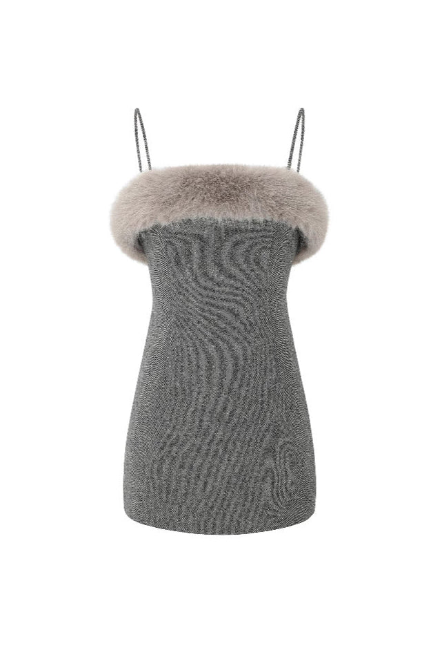 victoria Spaghetti Faux Fur Mini Dress in grey