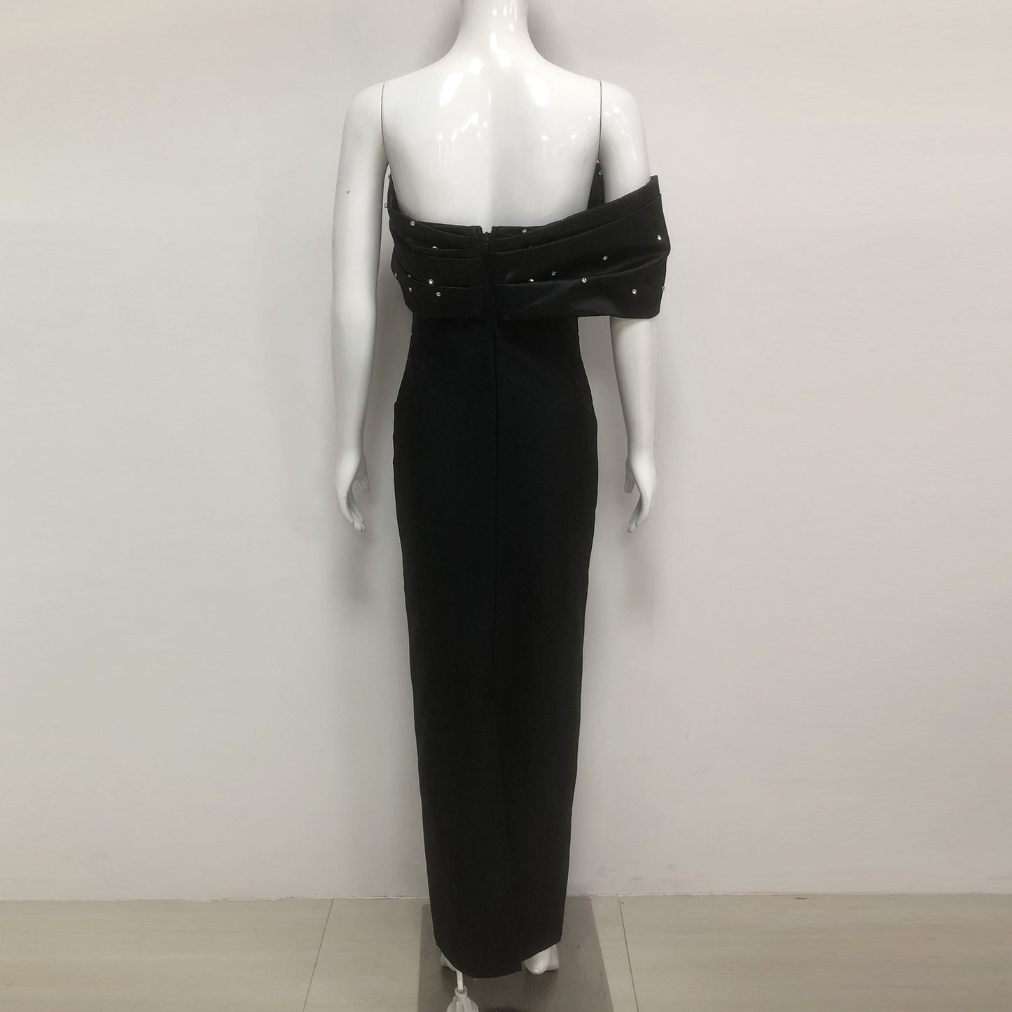 audrey Black Pearl Embellished Draped strapless maxi dress