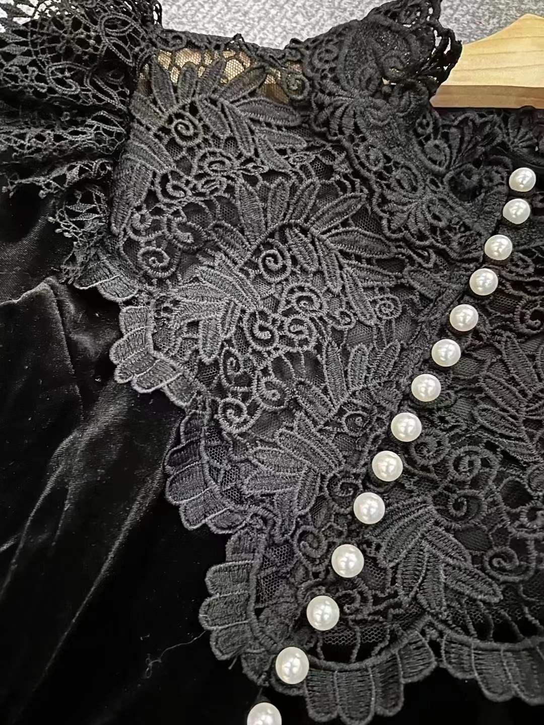 pandora black long sleeve Velvet midi dress with lace and pearls