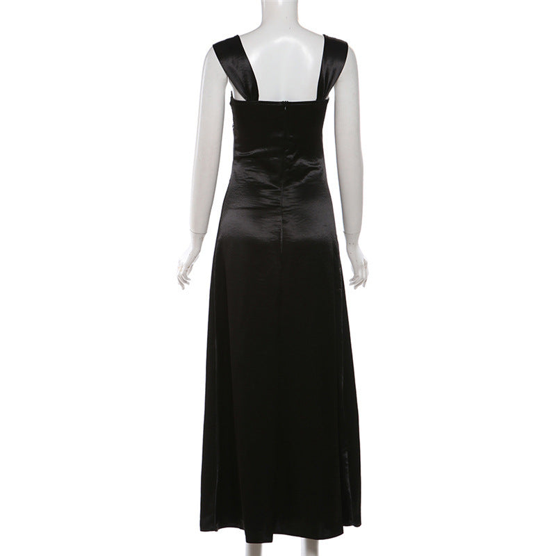 sabrina black Rhinestone embellished Satin Maxi Dress