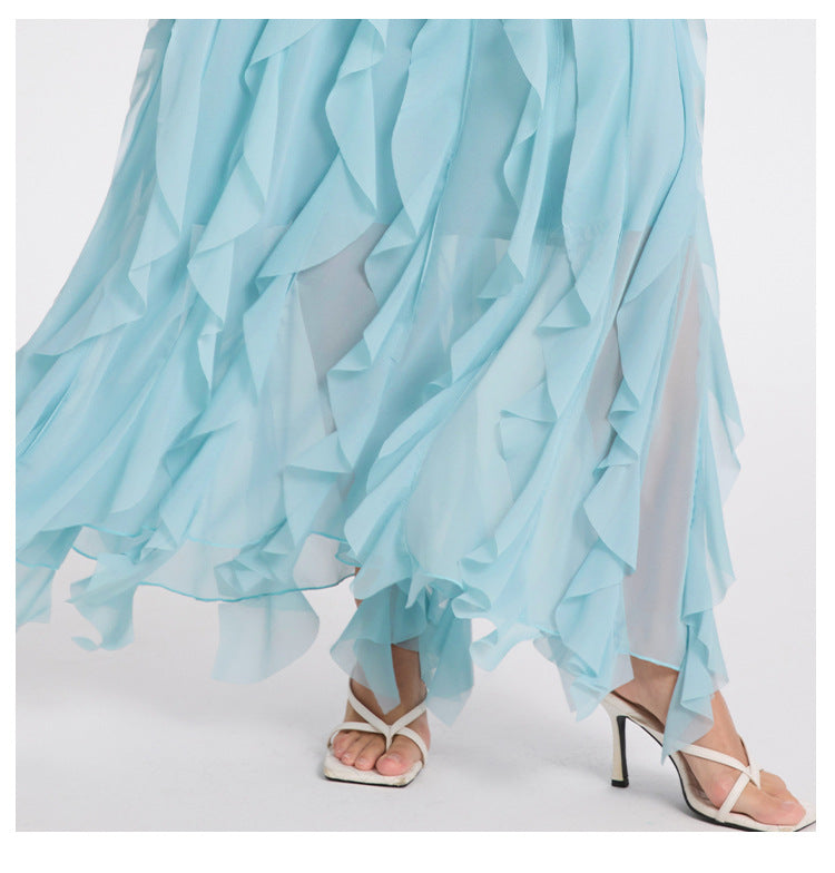 novia blue Bow Neck Tiered Ruffle Maxi Dress