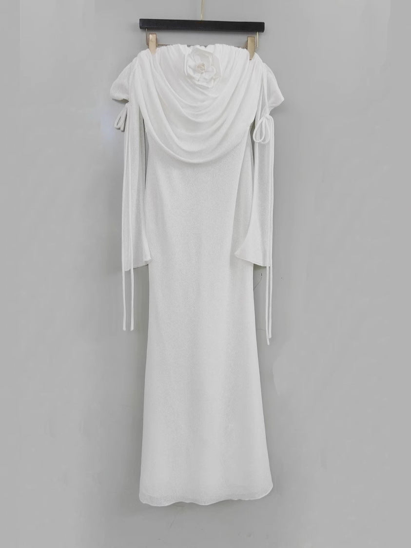 roberta off-shoulder flower embellished pleated maxi dress in white