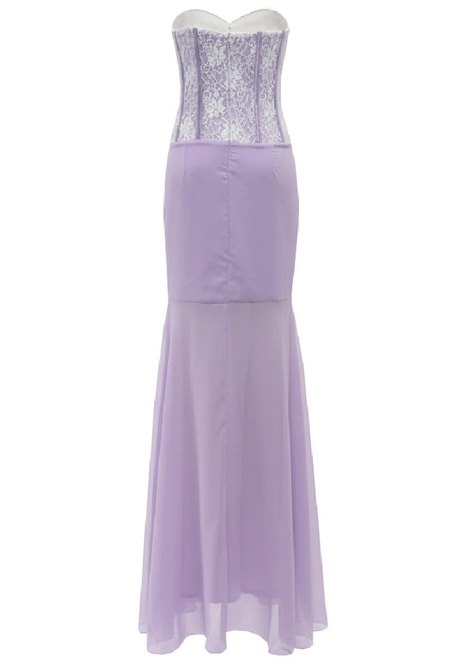 Sophia 3d flower strapless fishtail maxi dress in purple