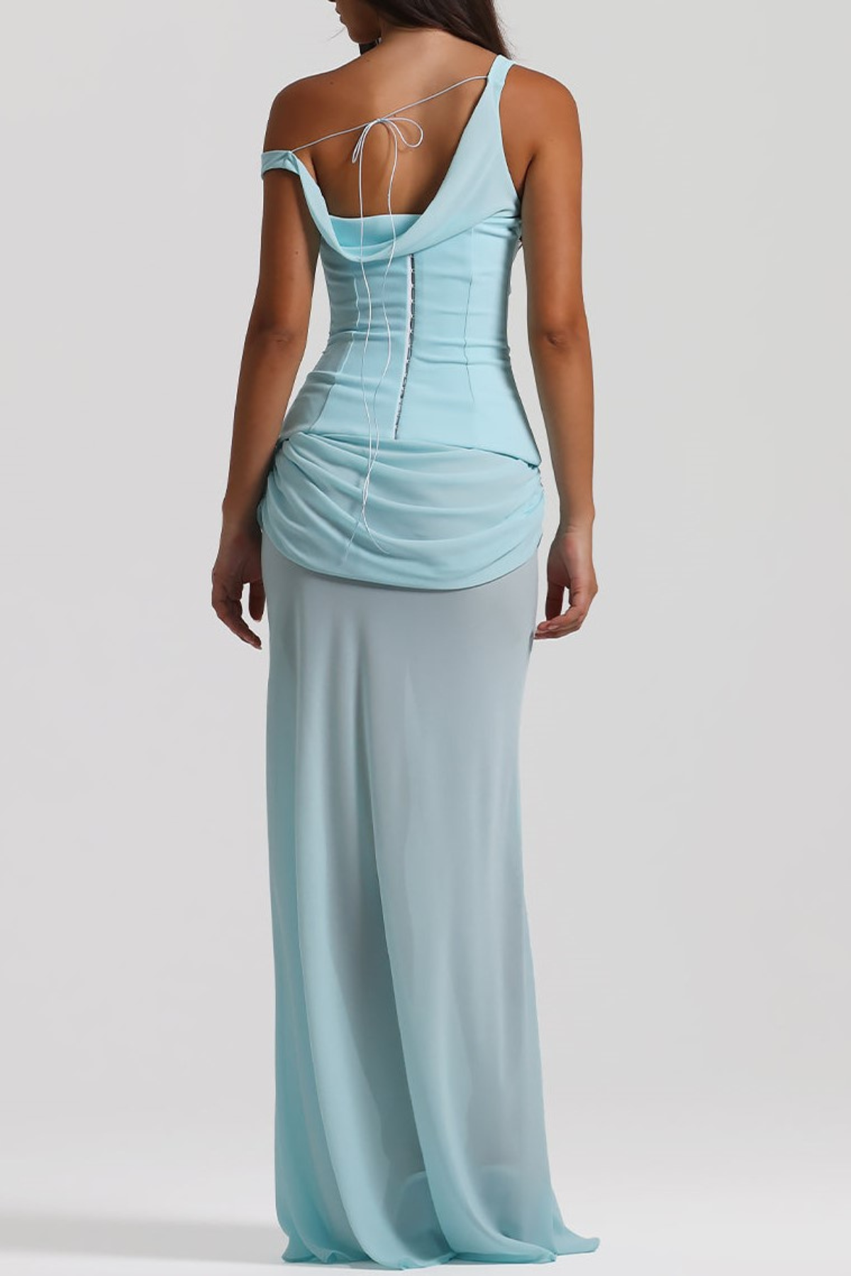 Shop blue dress - Perfect for special occasions | Tafari Off Shoulder Corset Ruched Maxi Dress - Blue