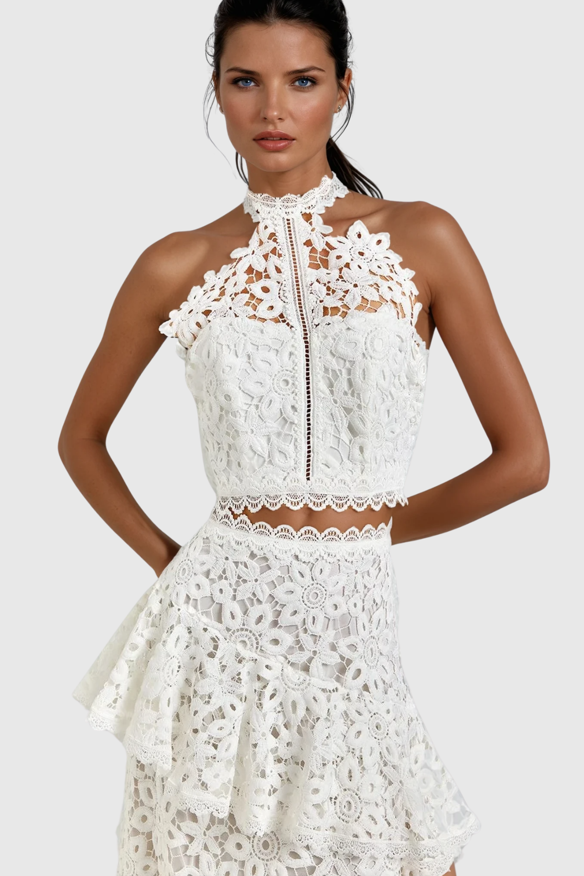 Shop beautiful maxi - Perfect for special occasions | Zan Halter Neck Asymmetric Lace Maxi Skirt Set