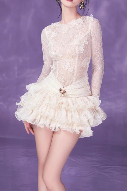 victoria white lace embroidery ruched trim mini dress