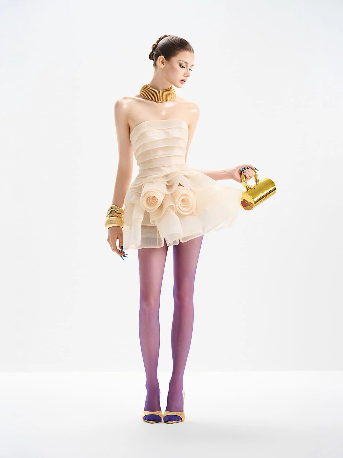 Roxanne off-shoulder layer trim flower mini dress in apricot