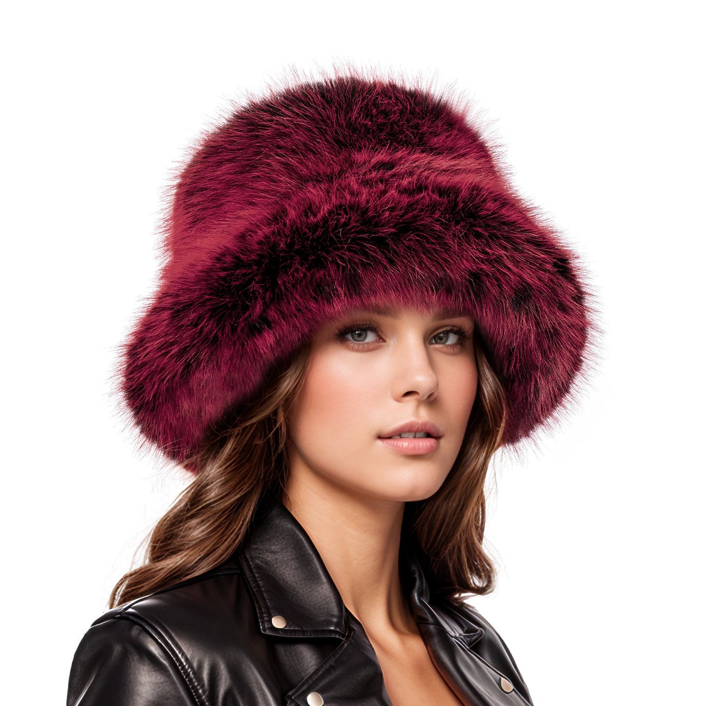 Burgundy black two tone faux fur bucket hat