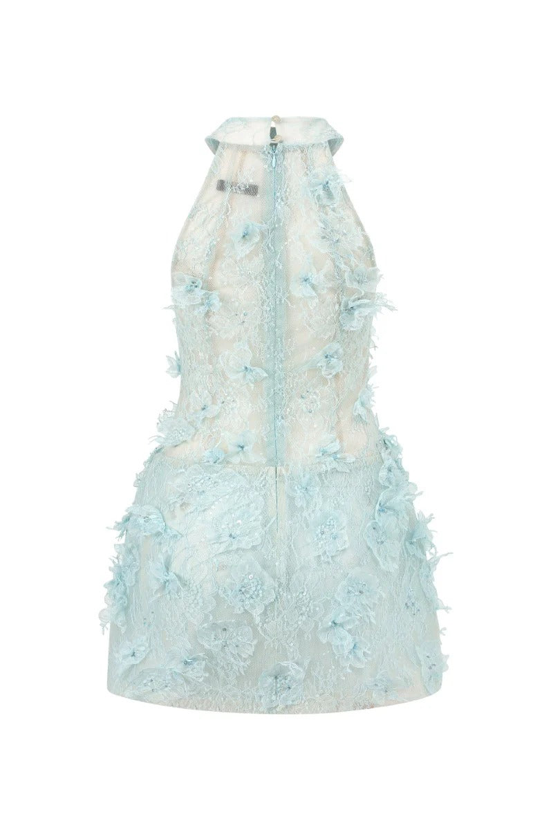 Jeanne Floral Lace Mini Dress In blue