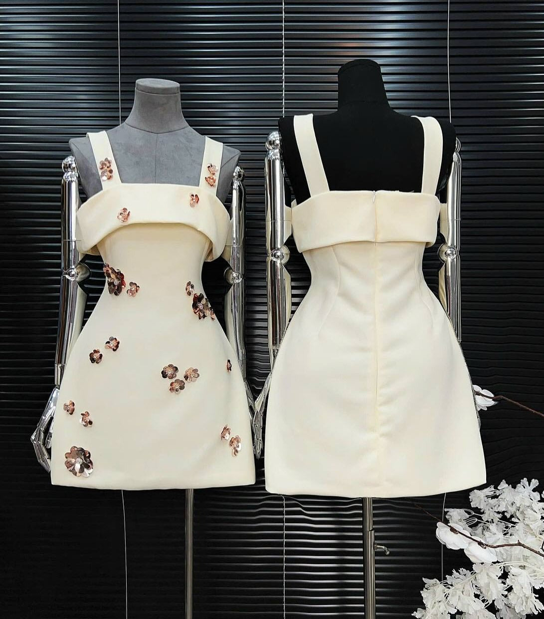 joanna sequin rhinestone flower mini dress in white