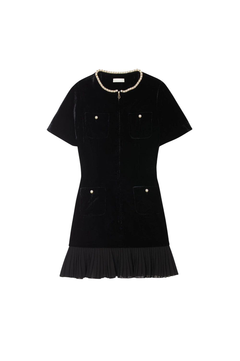 jessica Pearl-trimmed collar zipper velvet pleated dress in black