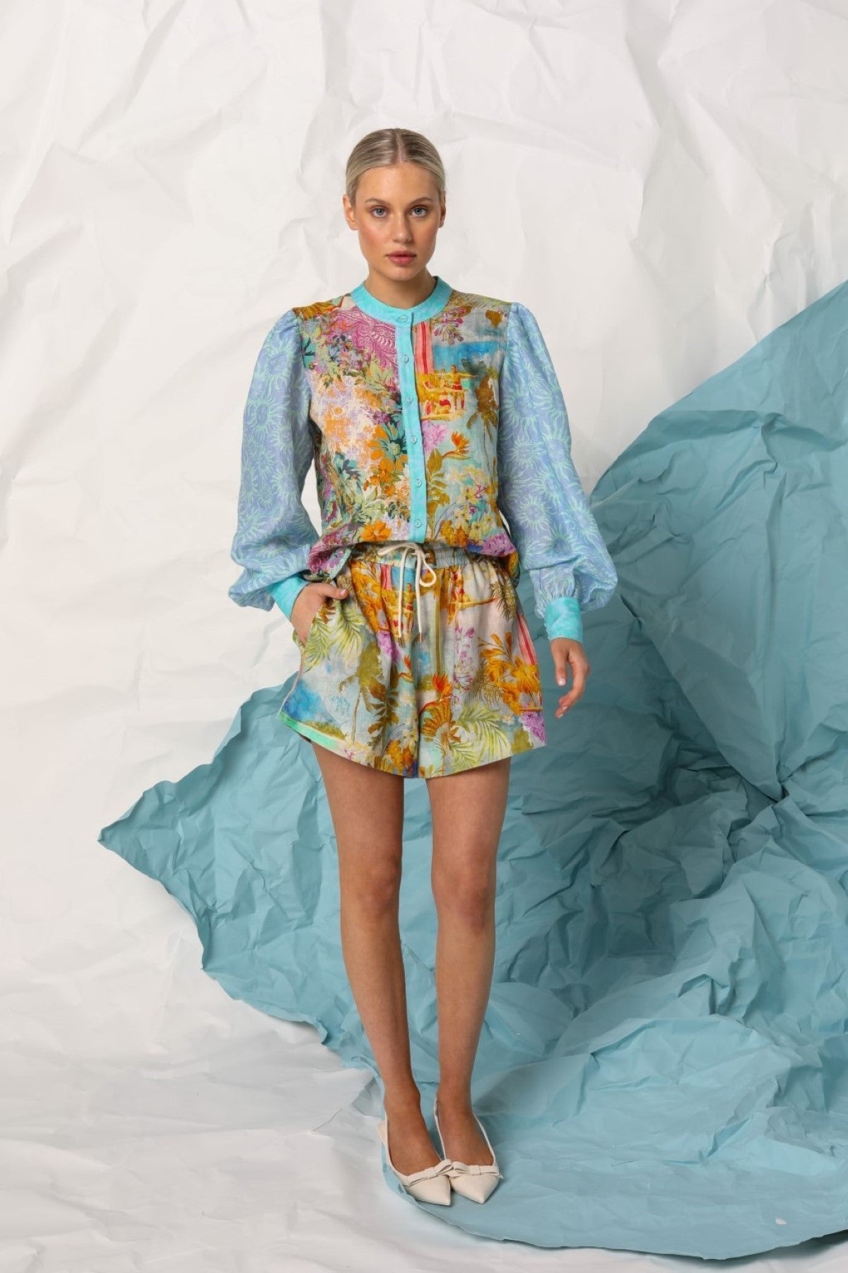 michelle Linen lantern-sleeve shirt shorts set