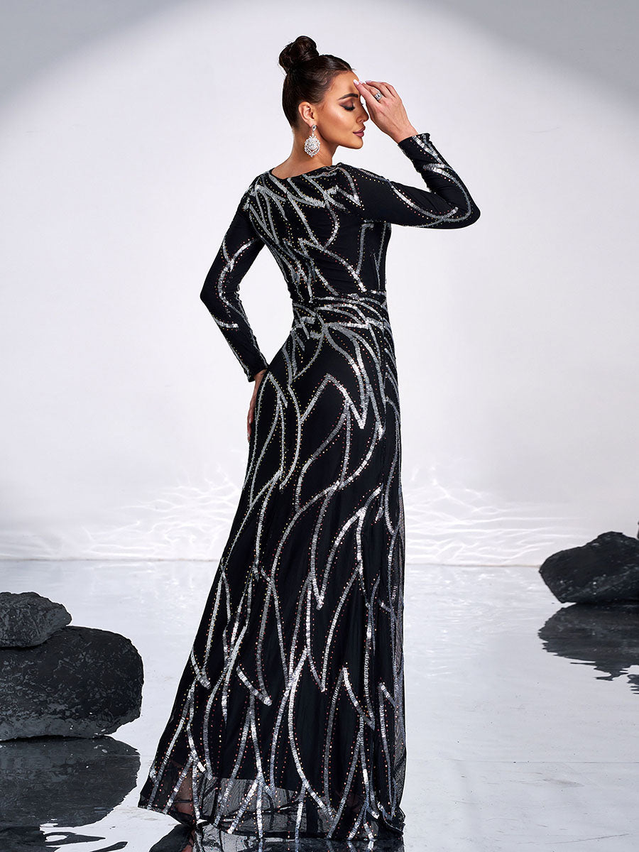 A-Line Long Sleeve Sequin Black Dress