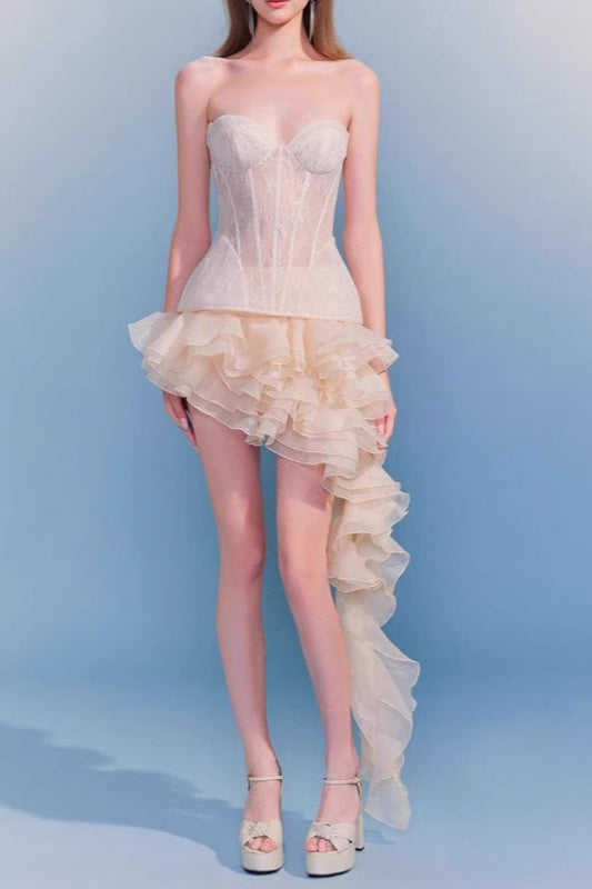 Ellalabel lauren Irregular Petal Lace Bodycon Mini Skirt Set In Beige - Crafted from Intricate Lace Fabrication- Best for Cocktail Parties and Night Out.