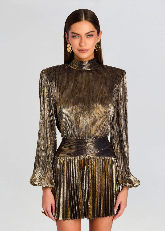 christine High-necked lantern sleeve pleated mini dress in gold